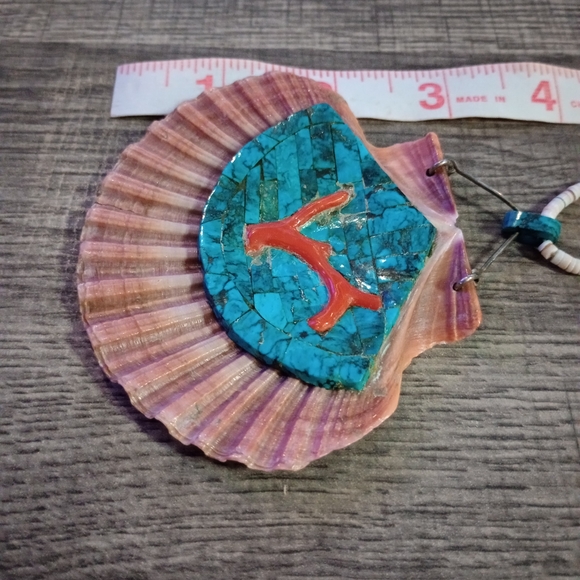 Antique Handcrafted Turquoise and Coral Shell Pendant Necklace - Picture 2 of 7